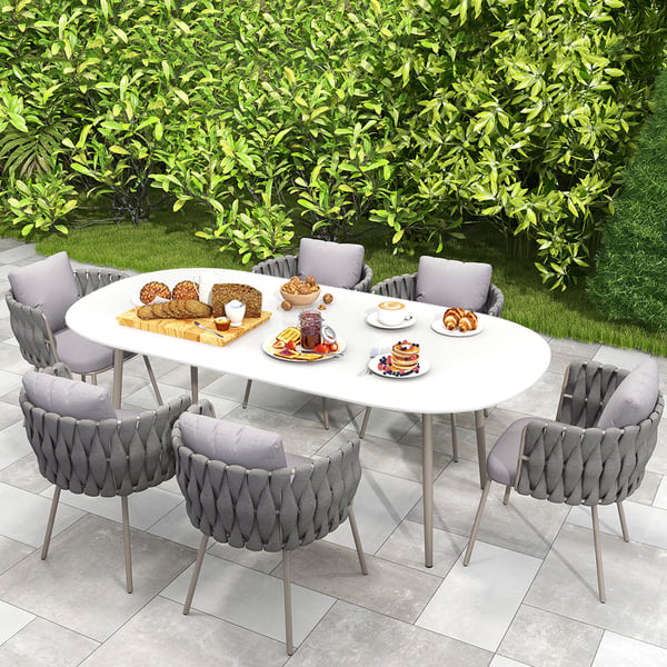 7 Pieces Outdoor Dining Set with Oval Faux Marble Top Table and Rope Woven Armchair