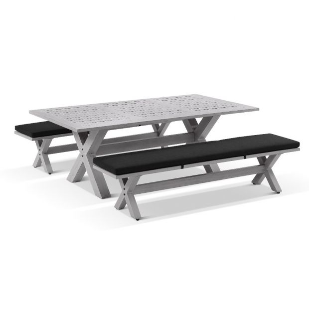 AGED TEAK LOOK TAHITIAN 2.1M ALUMINIUM DINING SETTING WITH BENCH SEATS