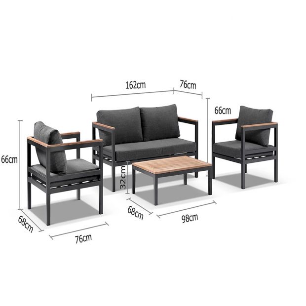 HARVEY OUTDOOR GREY ALUMINIUM TEAK 2+1+1 LOUNGE SET WITH COFFEE TABLE