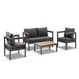 HARVEY OUTDOOR GREY ALUMINIUM TEAK 2+1+1 LOUNGE SET WITH COFFEE TABLE