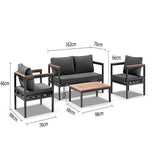 HARVEY OUTDOOR GREY ALUMINIUM TEAK 2+1+1 LOUNGE SET WITH COFFEE TABLE