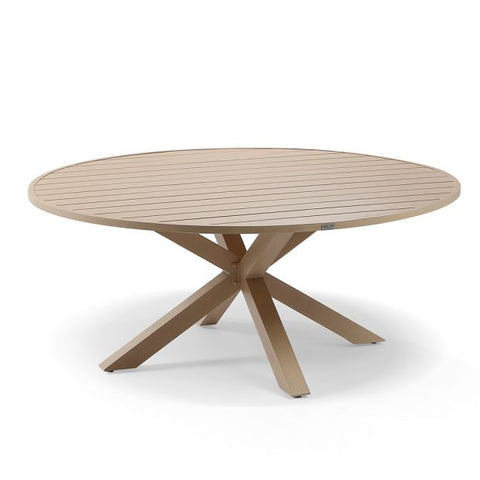 HOUSTON OUTDOOR 1.8M ROUND DINING TABLE IN LIGHT OAK TIMBER LOOK ALUMINIUM