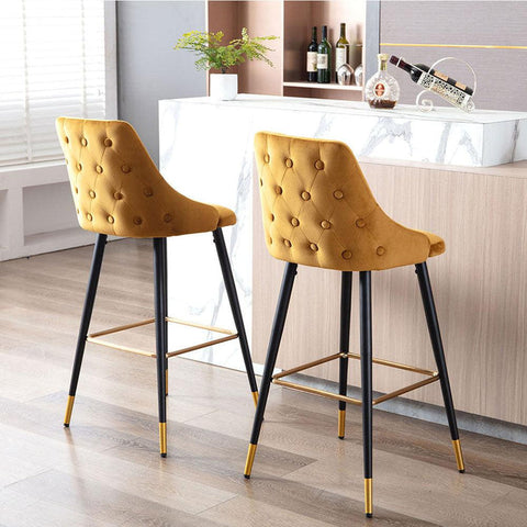 Ancor Bar Stool (Set of 2) - Yellow Velvet Fabric Black Golden Legs