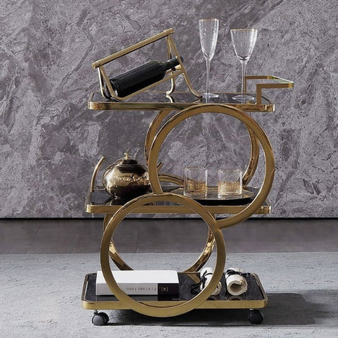 Modern Rolling 3-Tier Bar Cart on Wheel with Handle in Black & Brushed Gold Style