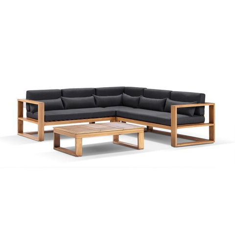 SANTORINI PACKAGE A OUTDOOR ALUMINIUM CORNER MODULAR LOUNGE IN TEAK LOOK FINISH
