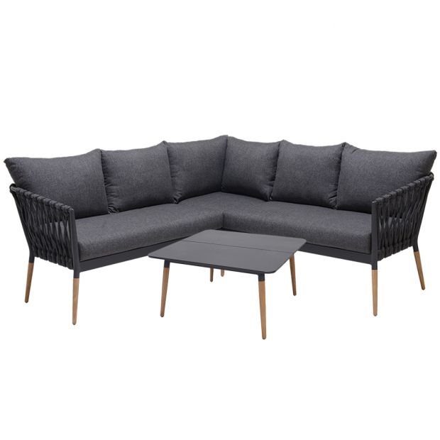SILAS OUTDOOR CHARCOAL ROPE CORNER LOUNGE SETTING WITH COFFEE TABLE