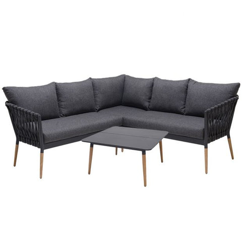 SILAS OUTDOOR CHARCOAL ROPE CORNER LOUNGE SETTING WITH COFFEE TABLE