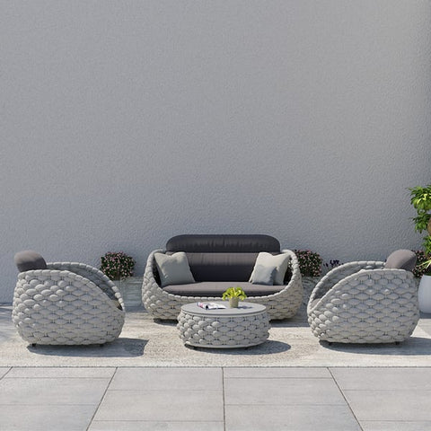 Tatta 4 Pieces Textilene Rope Woven Outdoor Sectional Sofa Set with Round Coffee Table