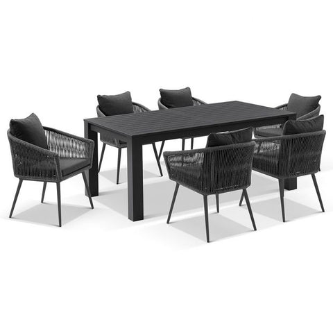 SANTORINI 1.8M OUTDOOR RECTANGLE ALUMINIUM DINING TABLE WITH 6 HERMAN ROPE CHAIRS