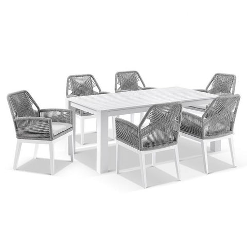 SANTORINI 1.8M OUTDOOR RECTANGLE ALUMINIUM DINING TABLE WITH 6 HUGO ROPE CHAIRS