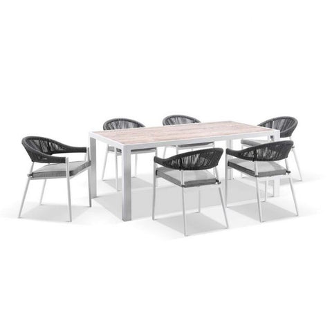 ALPINE OUTDOOR ALUMINIUM & CERAMIC TABLE WITH 6 FINLEY ROPE STACKABLE CHAIRS