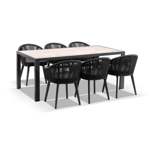 ALPINE OUTDOOR 6 SEATER ROPE AND ALUMINIUM DINING TABLE AND CHAIRS SETTING