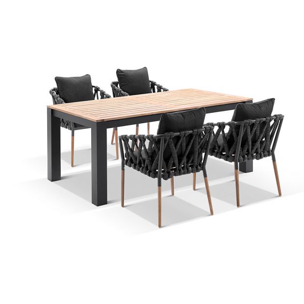 BALMORAL 1.8M OUTDOOR TEAK AND ALUMINIUM DINING TABLE WITH 6 COVE ROPE CHAIRS