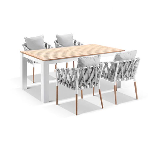 BALMORAL 1.8M OUTDOOR TEAK AND ALUMINIUM DINING TABLE WITH 6 COVE ROPE CHAIRS