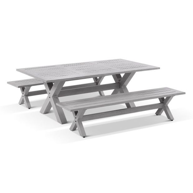 AGED TEAK LOOK TAHITIAN 2.1M ALUMINIUM DINING SETTING WITH BENCH SEATS