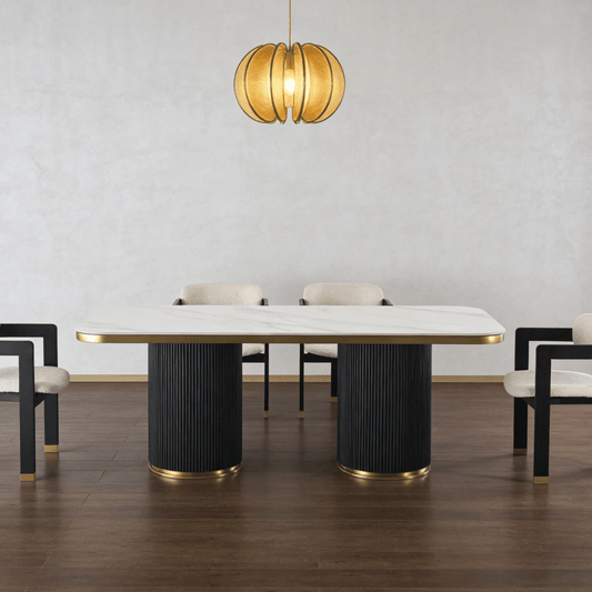 Arschie curved stone pedestal dining table with gloss-white top and walnut fluted base