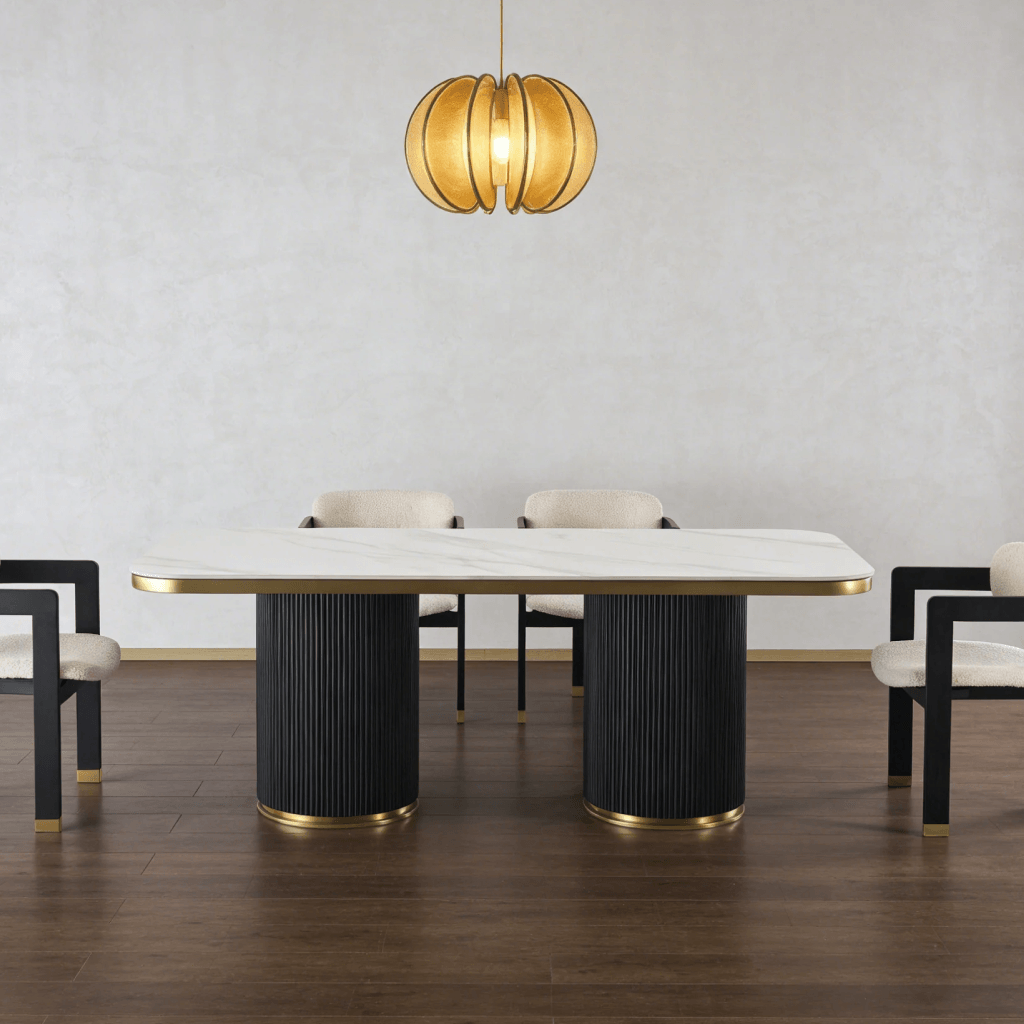 Arschie curved stone pedestal dining table with gloss-white top and walnut fluted base
