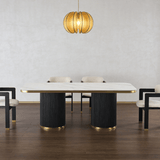 Arschie curved stone pedestal dining table with gloss-white top and walnut fluted base