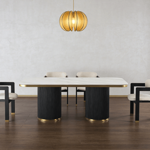 Arschie curved stone pedestal dining table with gloss-white top and walnut fluted base