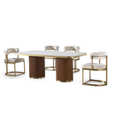 Arschie dining table with dual fluted walnut pedestal columns and gold base rings