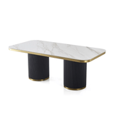 Arschie curved pedestal dining table showcasing its luxury white stone and walnut design