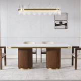 Arschie dining table featuring gloss-white sintered stone with soft marble veining