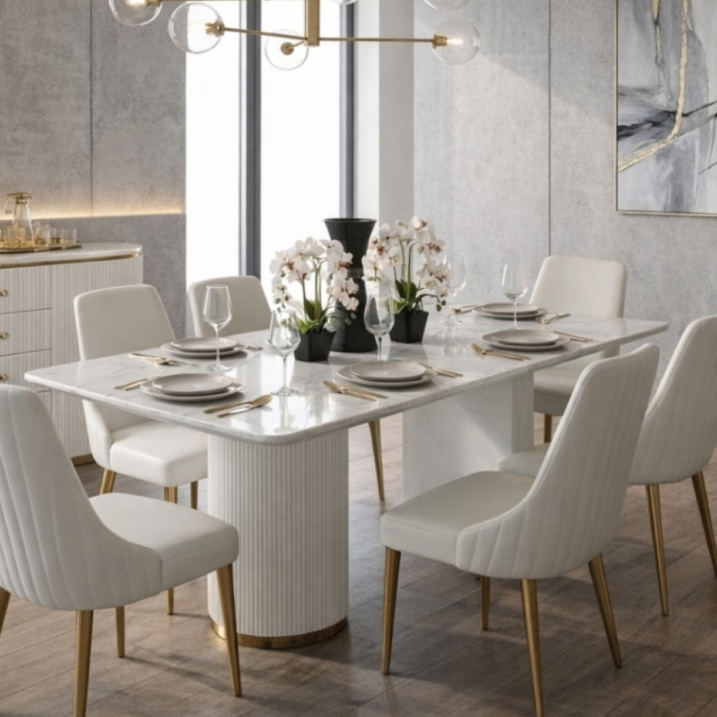 Arshie White Fluted Pedestal Dining Table with polished white sintered stone top, grey veining and gold base accents