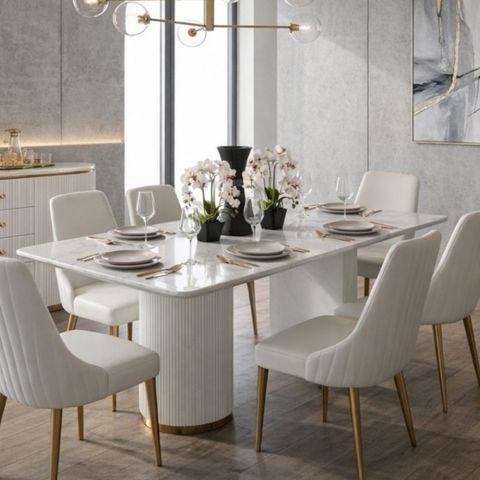 Arshie White Fluted Pedestal Dining Table with polished white sintered stone top, grey veining and gold base accents
