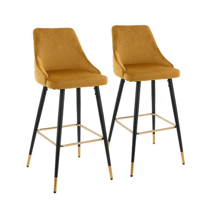 Ancor Bar Stool (Set of 2) - Yellow Velvet Fabric Black Golden Legs