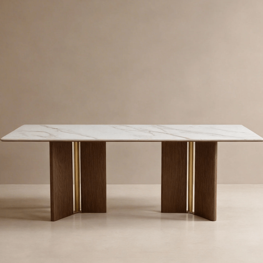 LD Lionel dining table with Calacatta-look stone top and walnut base