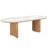 Lucerne dining table featuring natural ash veneer dual crescent pedestal bases