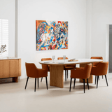 Lucerne natural and white ceramic dining table with capsule-shaped tabletop and ash veneer crescent bases