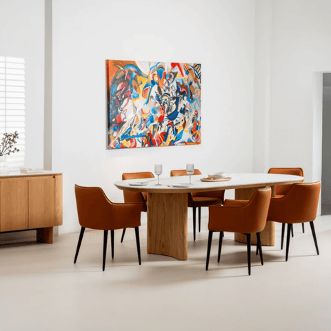 Lucerne natural and white ceramic dining table with capsule-shaped tabletop and ash veneer crescent bases
