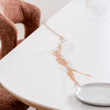 Lucerne dining table with white ceramic tabletop and subtle marble-effect grain