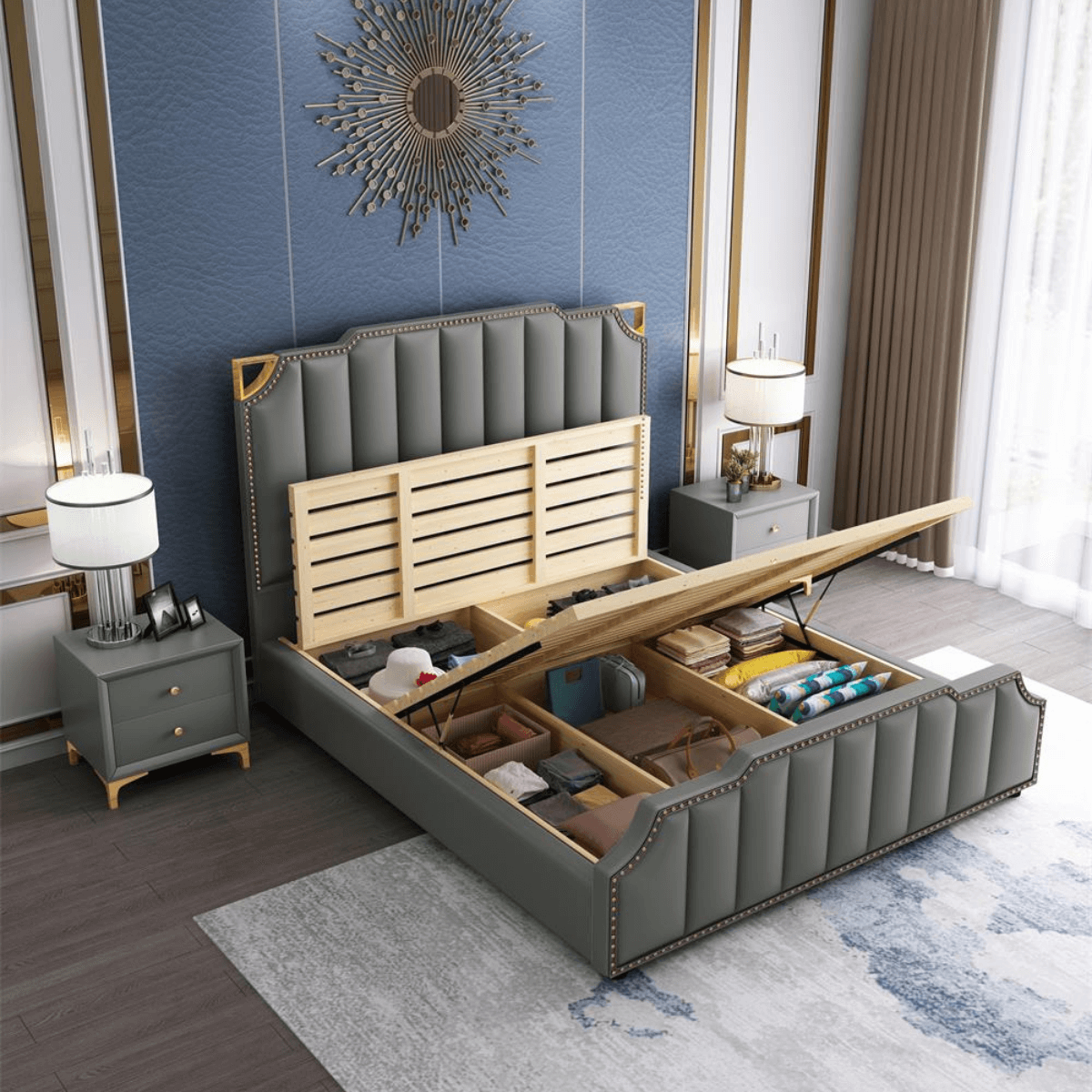 Modern Pine Wood Storage Bed with Faux Leather Upholstery