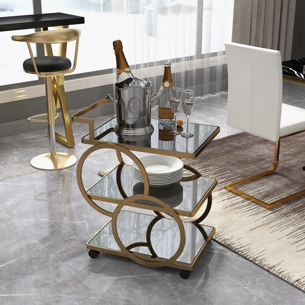 Modern Rolling 3-Tier Bar Cart on Wheel with Handle in Black & Brushed Gold Style