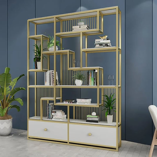 Modern White Etagere Bookshelf 1200mm Wooden Bookshelf with 2 Drawers