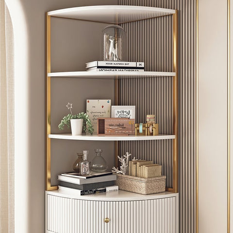 Modern White Etagere Corner Bookshelf 1 Drawer & 2 Doors Wooden Tall Bookcase