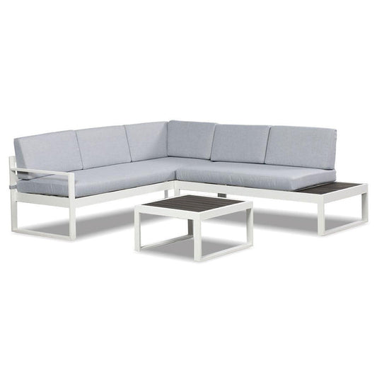 Milano White Aluminium Sofa Lounge Set (Timber Table Top) - Light Grey Cushion