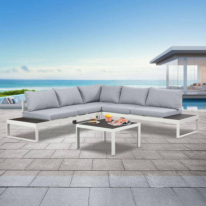 Hampton White Aluminium Sofa Lounge Set (Timber Table Top) - Light Grey Cushion