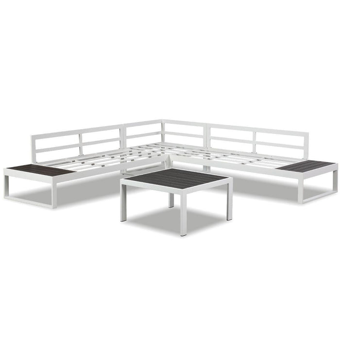 Hampton White Aluminium Sofa Lounge Set (Timber Table Top) - Light Grey Cushion