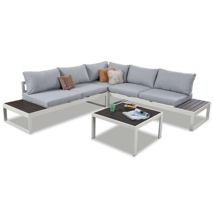 Hampton White Aluminium Sofa Lounge Set (Timber Table Top) - Light Grey Cushion