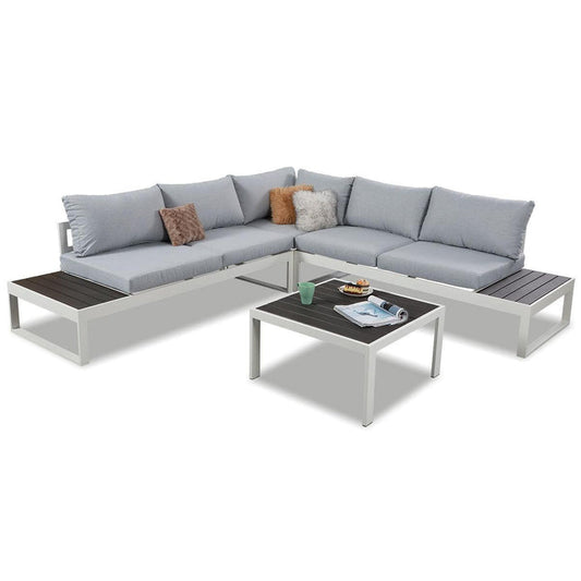 Hampton White Aluminium Sofa Lounge Set (Timber Table Top) - Light Grey Cushion