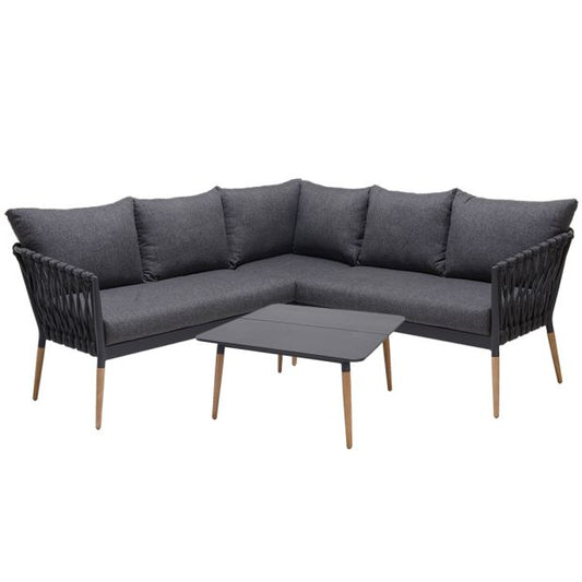 SILAS OUTDOOR CHARCOAL ROPE CORNER LOUNGE SETTING WITH COFFEE TABLE