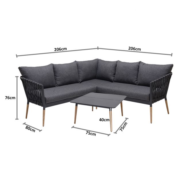 SILAS OUTDOOR CHARCOAL ROPE CORNER LOUNGE SETTING WITH COFFEE TABLE