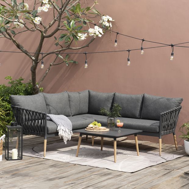 SILAS OUTDOOR CHARCOAL ROPE CORNER LOUNGE SETTING WITH COFFEE TABLE