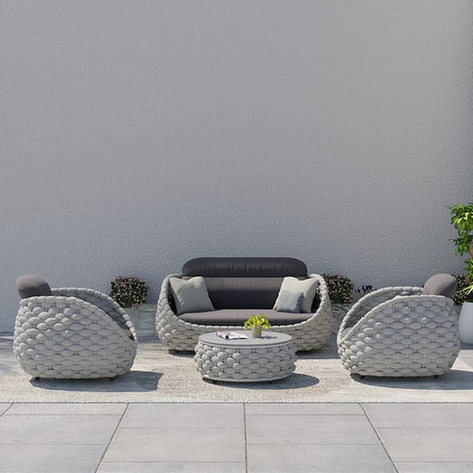 Tatta 4 Pieces Textilene Rope Woven Outdoor Sectional Sofa Set with Round Coffee Table