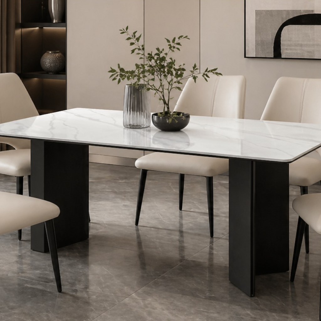 Vecta white sintered stone dining table with Calacatta-inspired veining and matte black V-pillar pedestal base