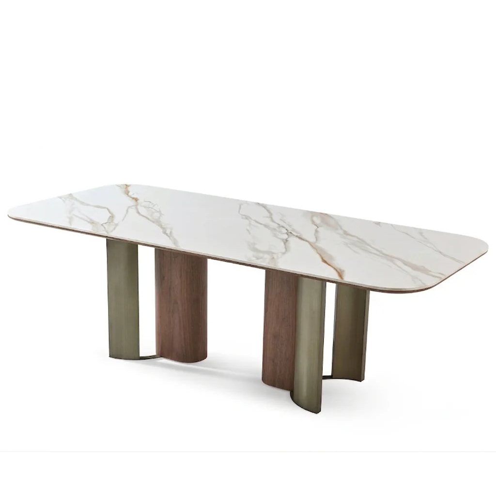 Vionno dining table with white sintered stone top and sculptural walnut pedestal base