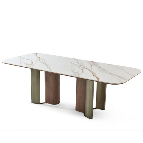 Vionno dining table with white sintered stone top and sculptural walnut pedestal base